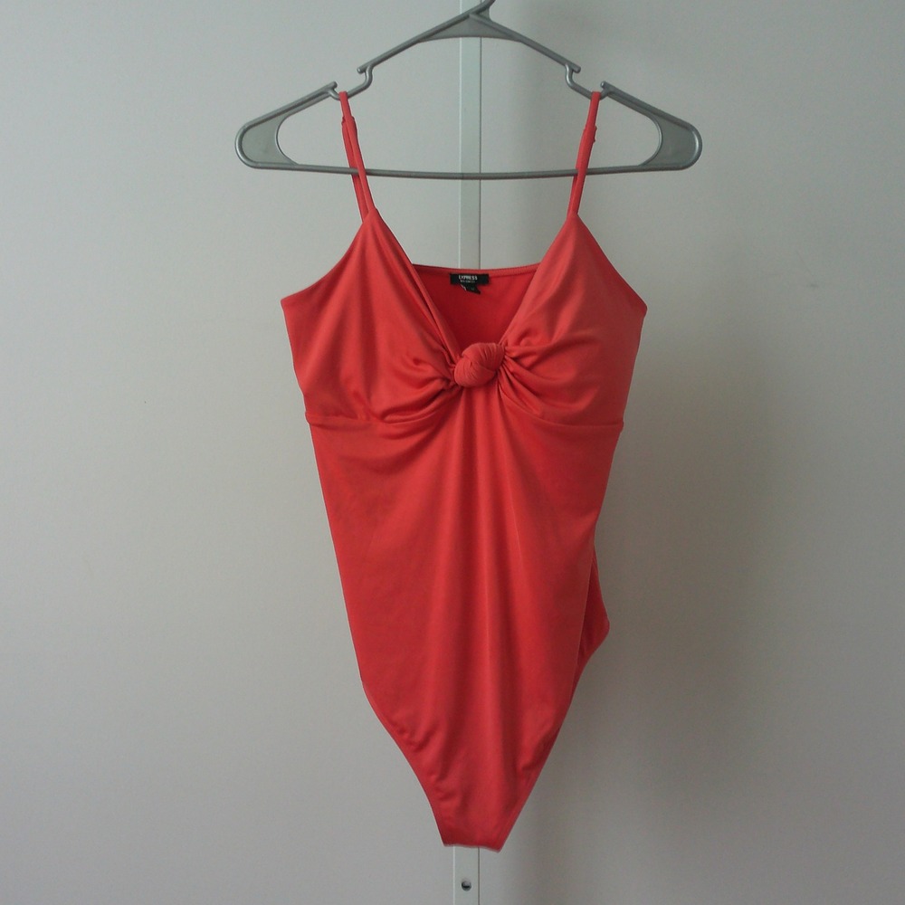 EXPRESS Clean Minimalist Body Contour Knot Front Bodysuit Medium Coral
